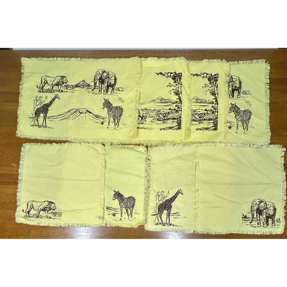 Safari Animal Placemat and Napkin Set 8pc Yellow Fringed Savanna Decor‎